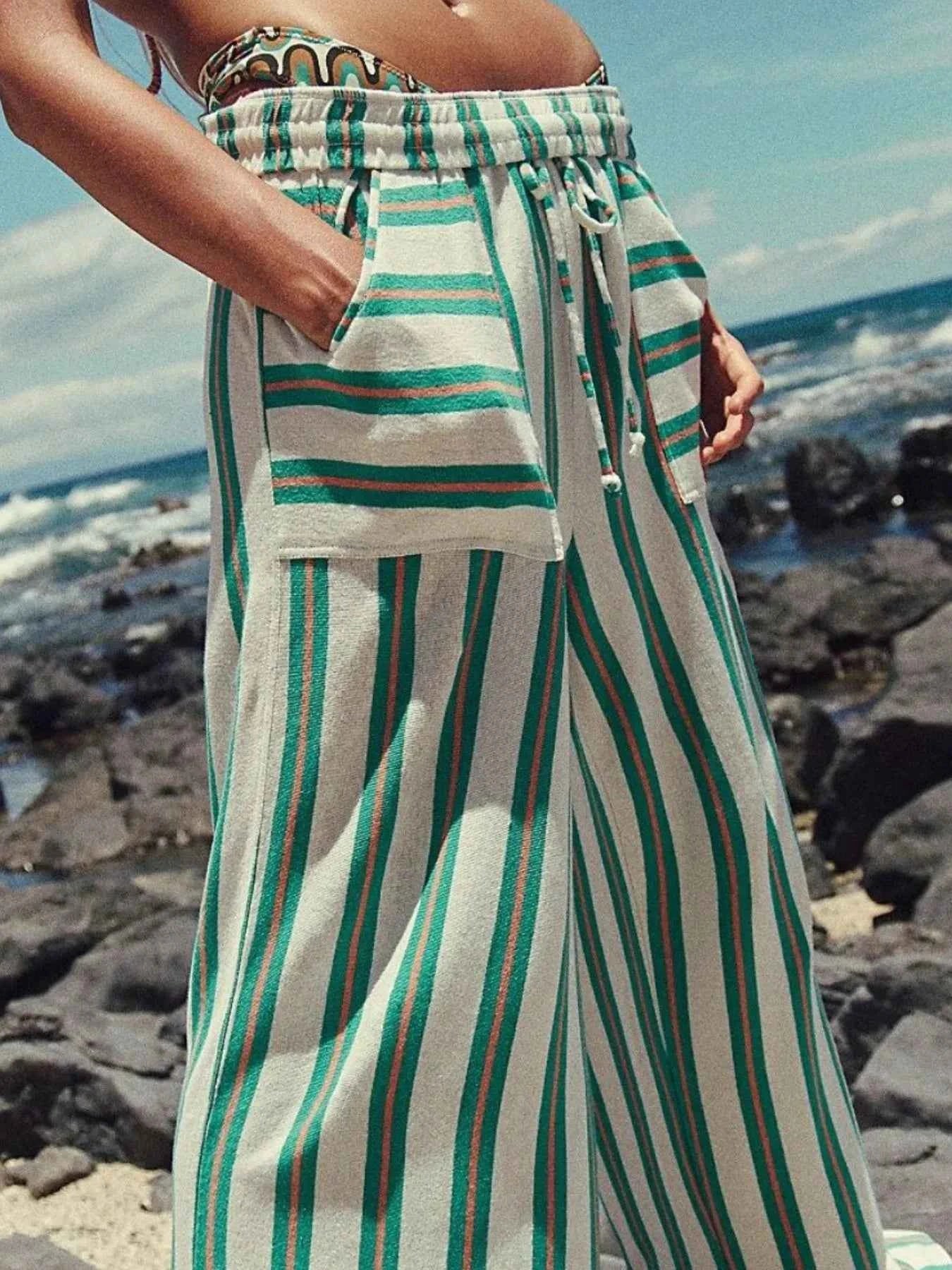 Striped Wide-Leg Drawstring Pants