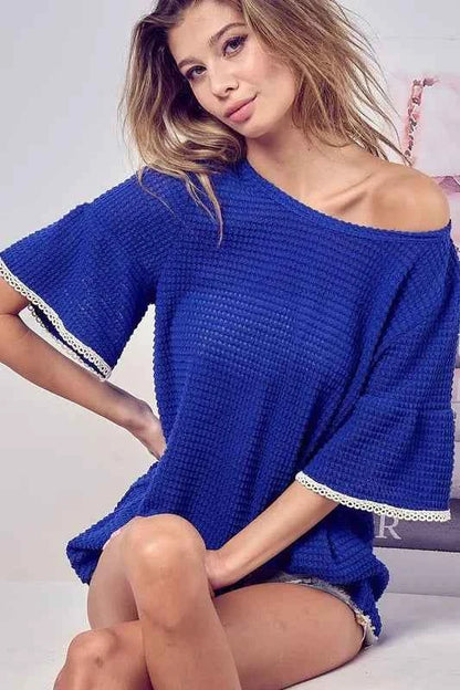 BiBi Popcorn Waffle Knit Top with Pompom Lace