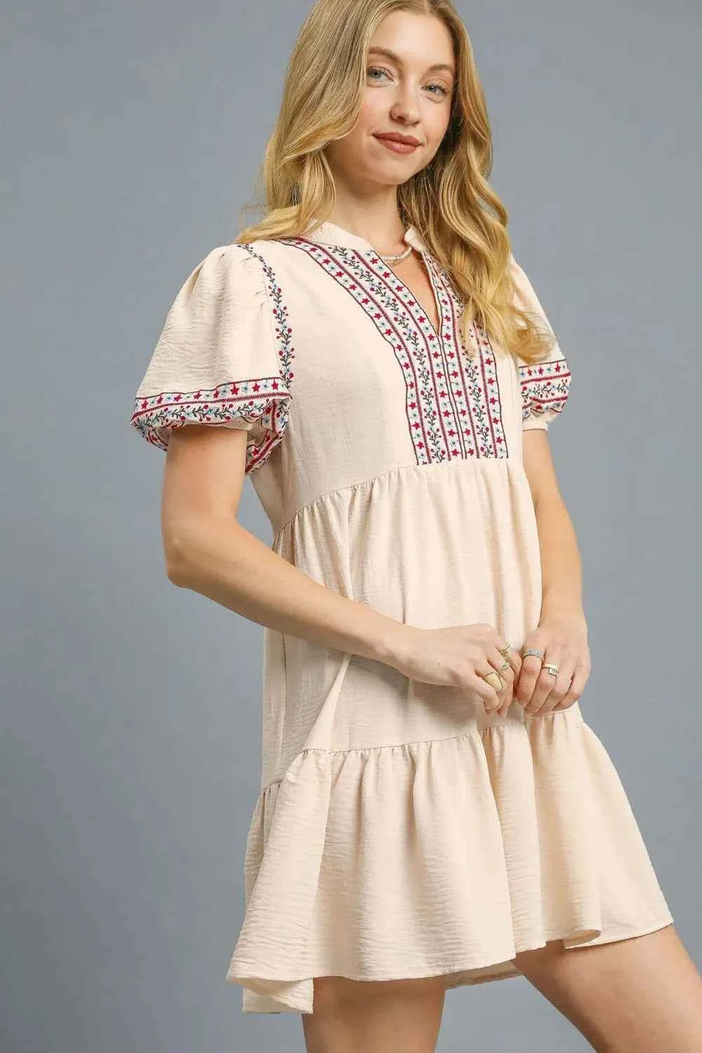 Umgee Floral Trim Puff Sleeve Mini Dress