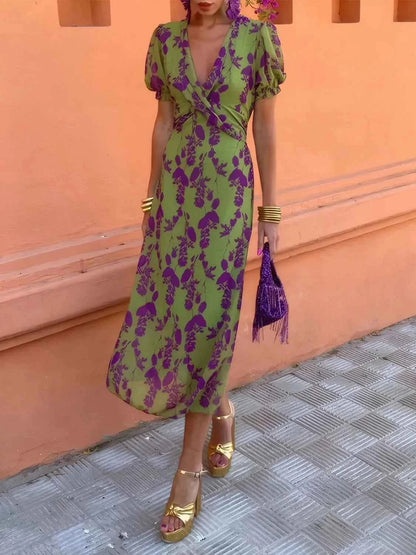 Printed Plunge Short Sleeve Midi Dress