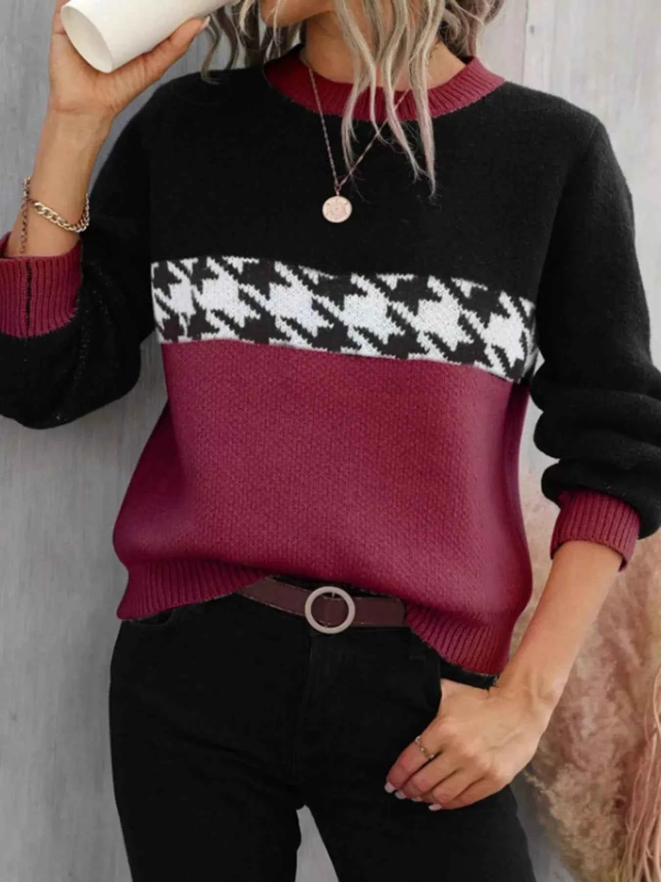 Color Block Houndstooth Sweater