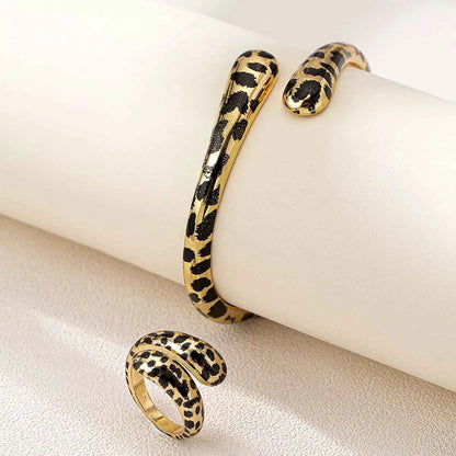 18K Gold-Plated Leopard Bypass Ring and Bracelet Jewelry Set