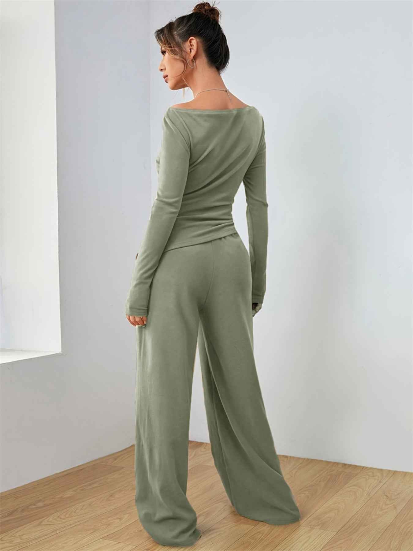Casual Long Sleeve Top & Wide Leg Pants Set