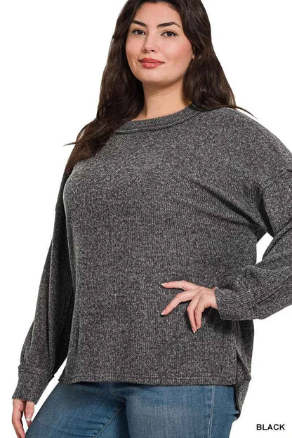 Zenana Full Size Brushed Ribbed Hacci Drop Shoulder Sweater Plus Size