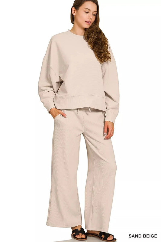 Zenana Ribbed Round Neck Pullover and Drawstring Pants Set