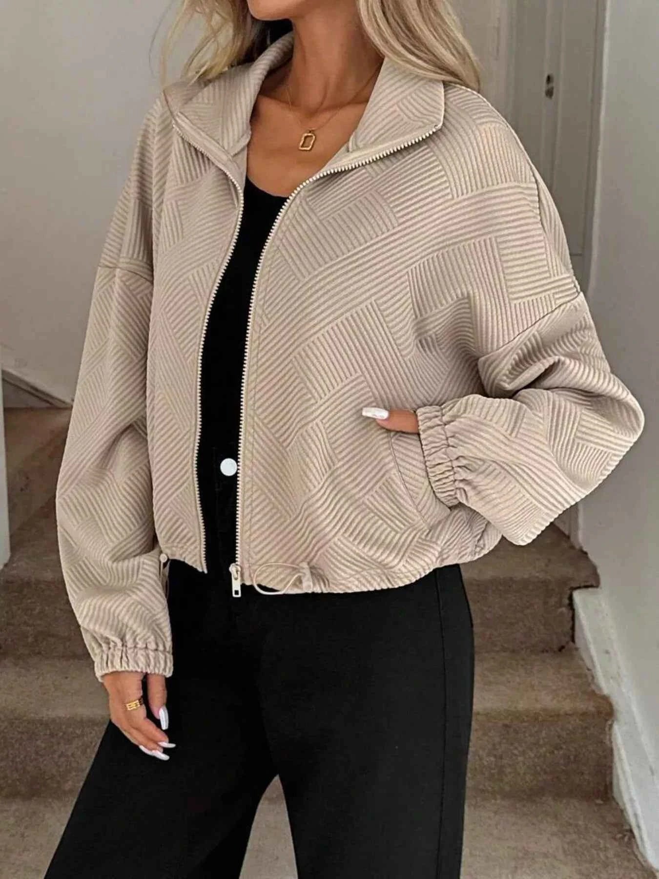 Drawstring Hem Textured Long Sleeve Jacket