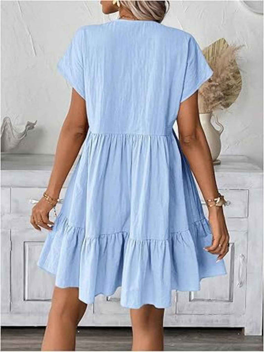 Casual V-Neck Ruffle Hem Flowy Mini Dress