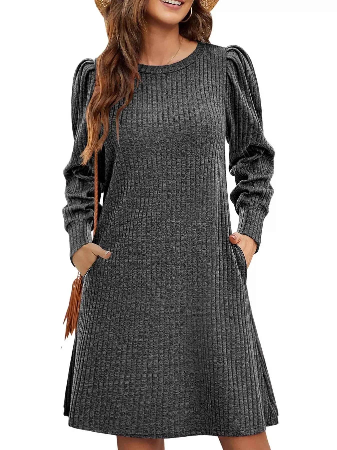 Ribbed Knit Puff Sleeve Casual Mini Dress