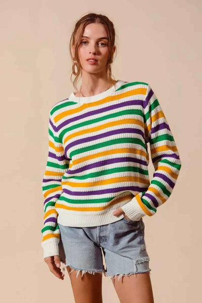 SO ME Mardi Gras Color Stripe Knit Sweater Top