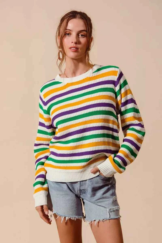SO ME Mardi Gras Color Stripe Knit Sweater Top
