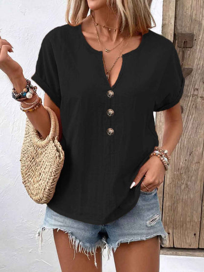 Notched Short Sleeve Blouse