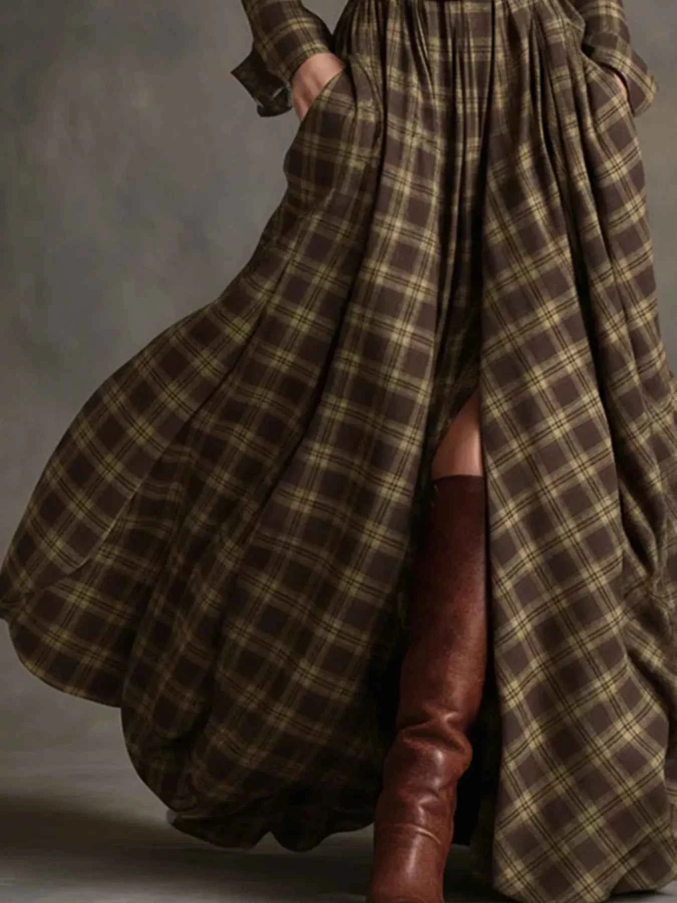 Plaid Button Front Maxi Shirt Dress