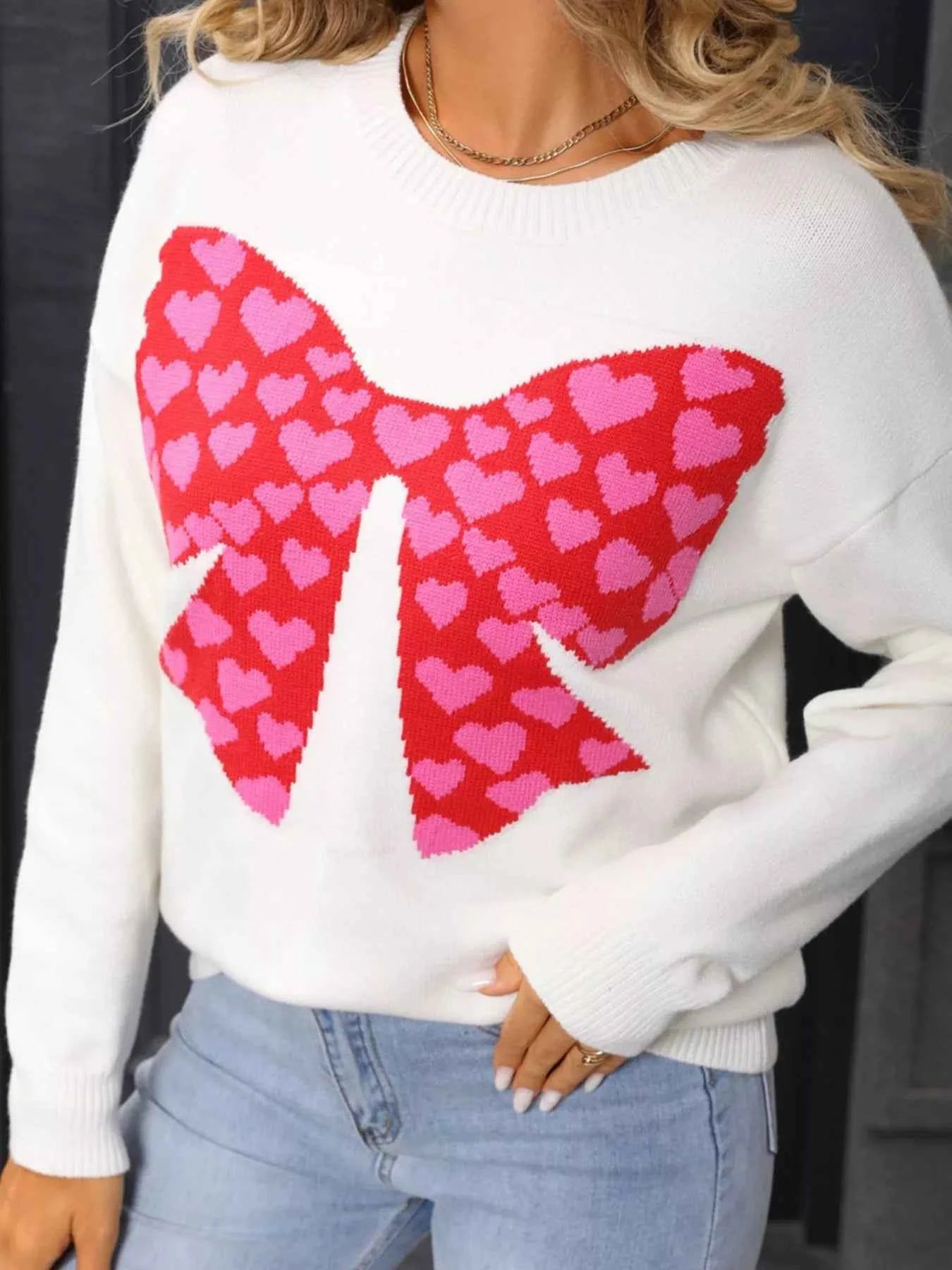Valentine's Day Heart Bow Round Neck Sweater
