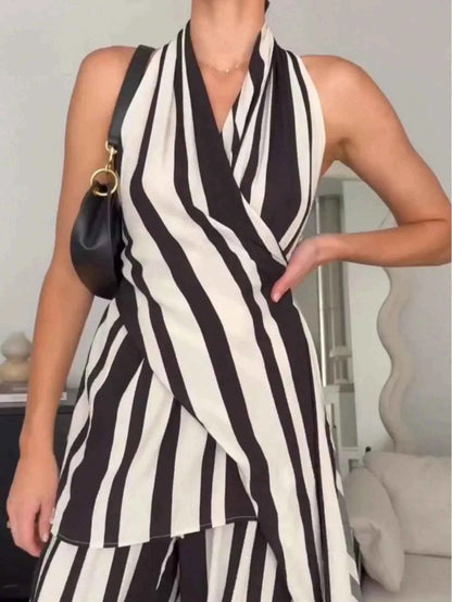 Striped Halter Neck Top and Pants Two-Piece Set