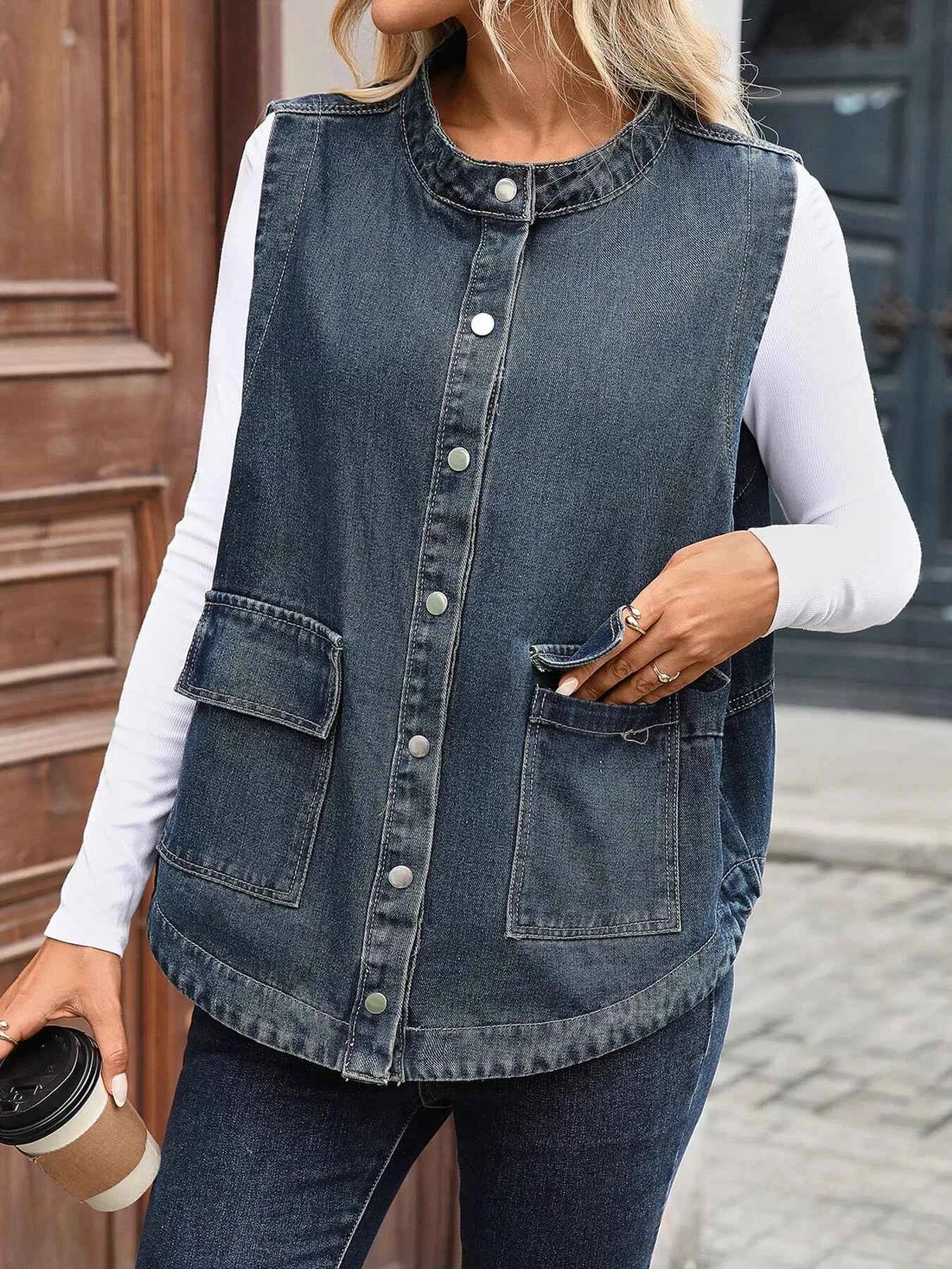 Snap Down Sleeveless Denim Jacket