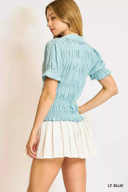 Umgee Smocked Short Sleeve Button-Front Shirt with Peter Pan Collar