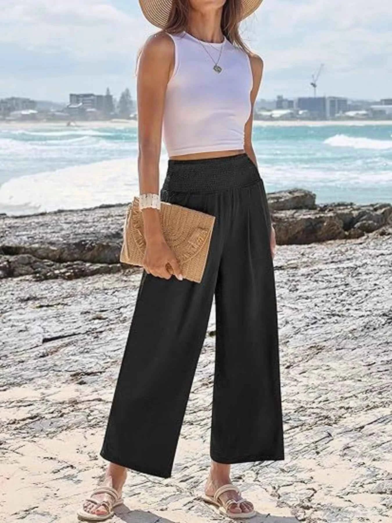 Wide Leg Smocked High Waist Pants