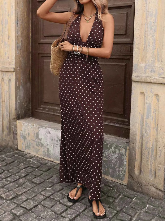 Halter Neck Polka Dot Maxi Dress