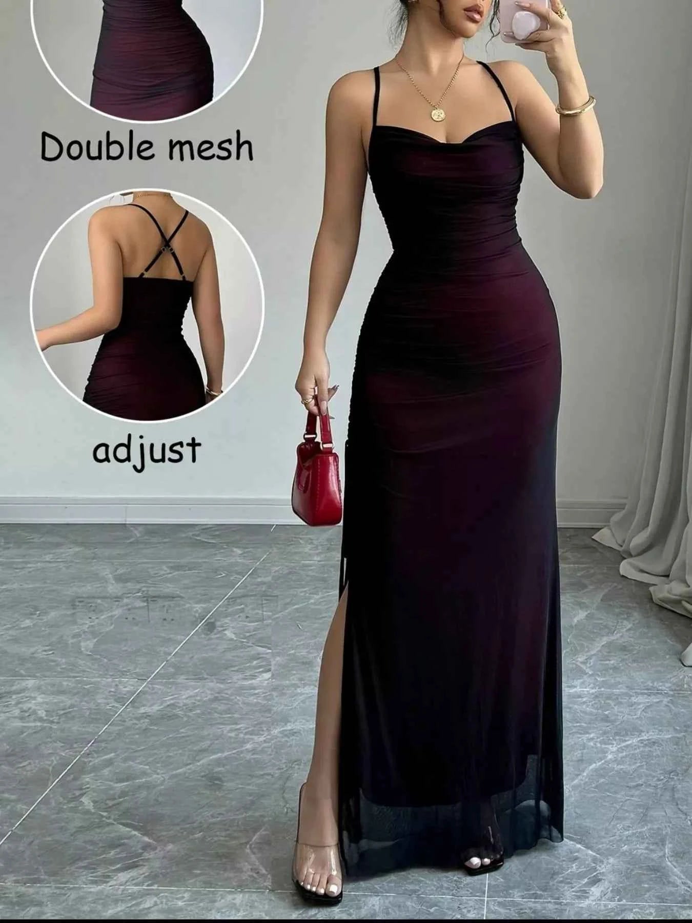 Ruched Sweetheart Neck Slit Maxi Dress