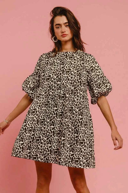 BiBi Leopard Denim Dress With Back Contrast Tie Detail