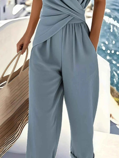 Full Size Surplice Short Sleeve Top and Pants Set Plus Size