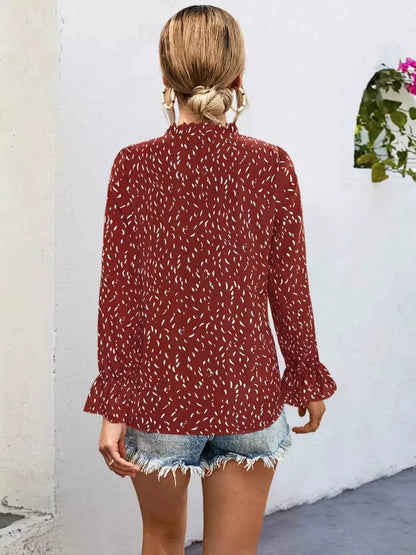 Ruffled Printed Tie Neck Long Sleeve Blouse
