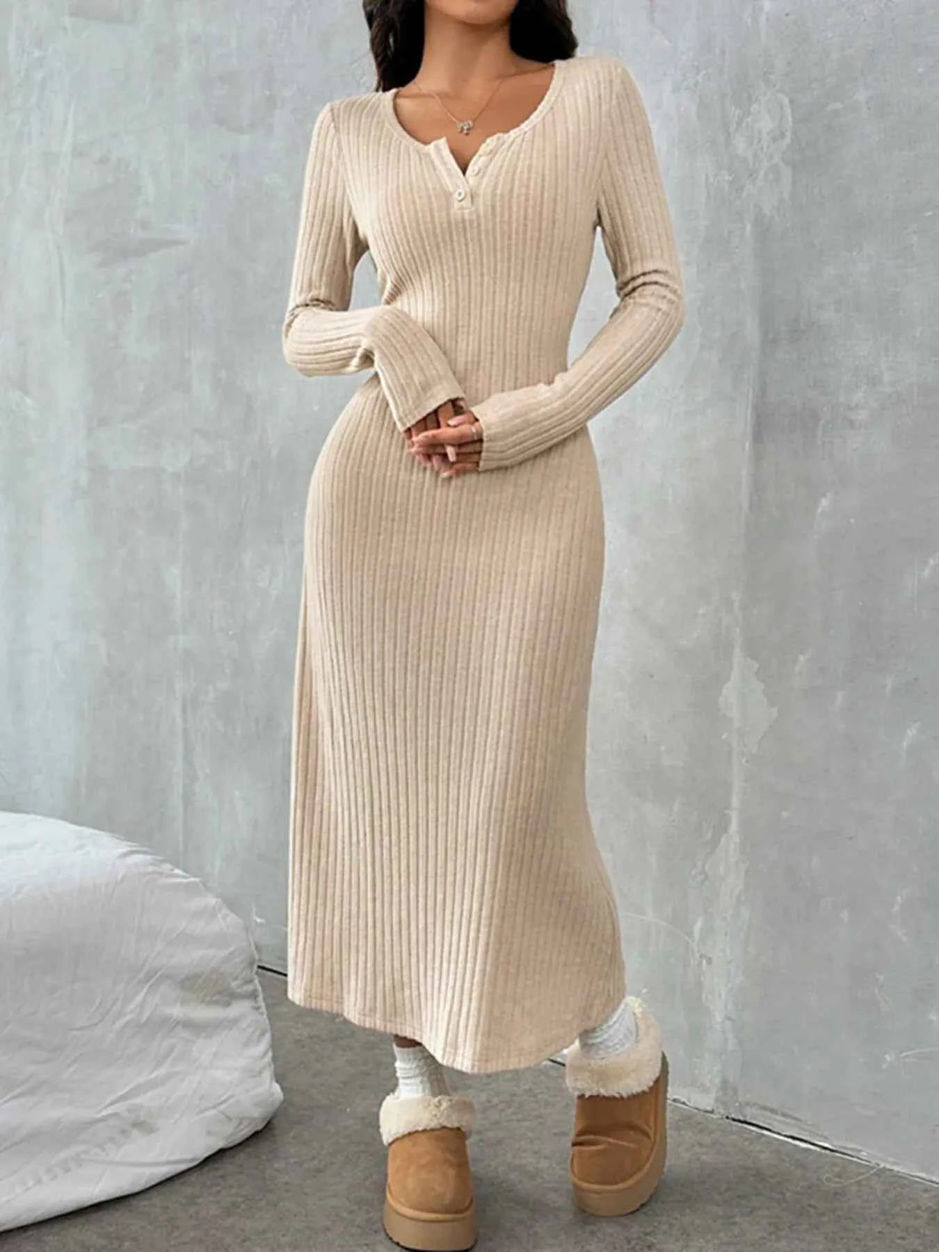 Ribbed Long Sleeve Knit Dress
