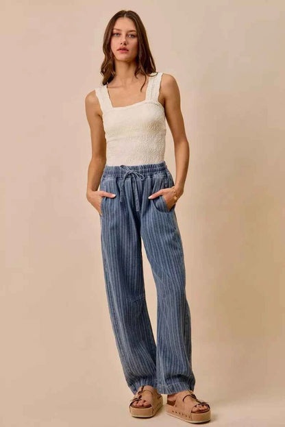 SO ME Stripe Denim Barrel Jeans Drawstring Waistband
