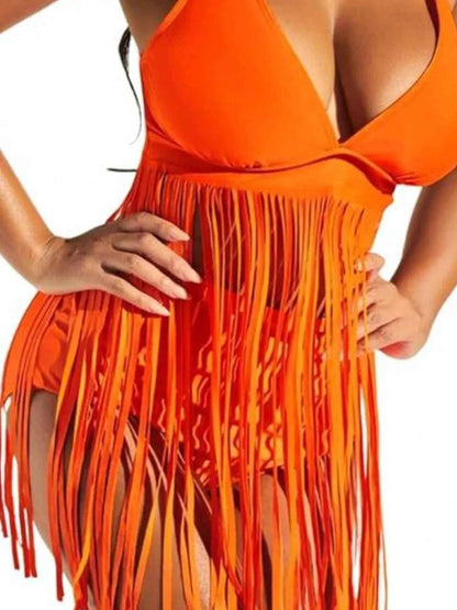 Plus Size Fringe V-Neck Tankini Swim Set