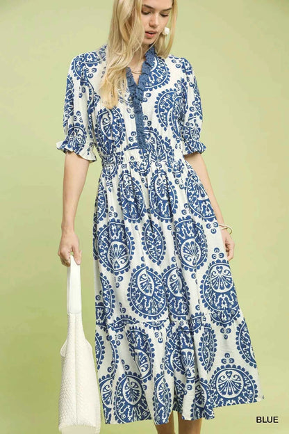 Umgee Paisley Smocked Waist Midi Dress
