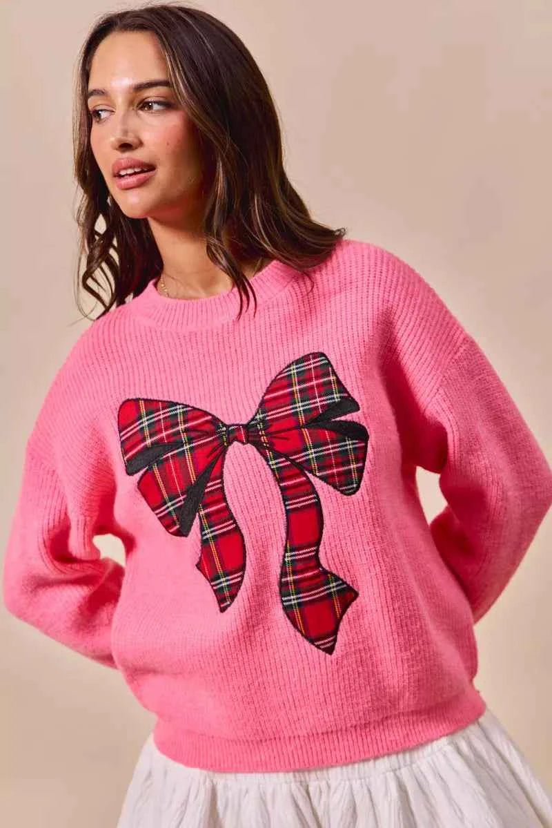 SO ME Checker Plaid Ribbon Christmas Holiday Sweater