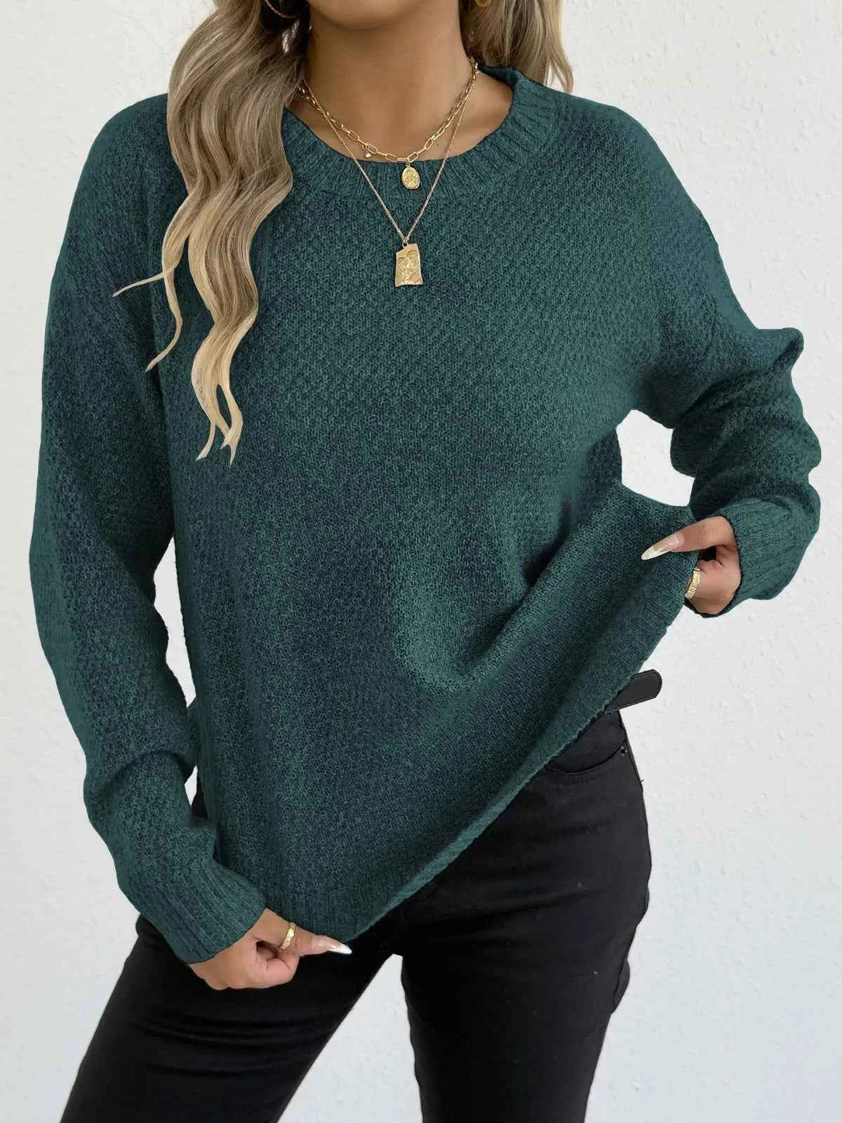 Textured Knit Relaxed Fit Round Neck Sweater
