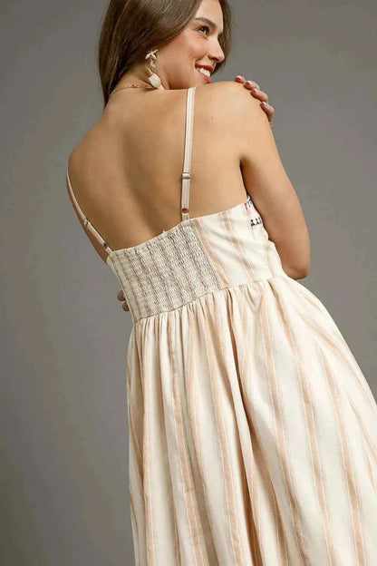 Umgee Striped Colorful Embroidered Trim Cami Dress
