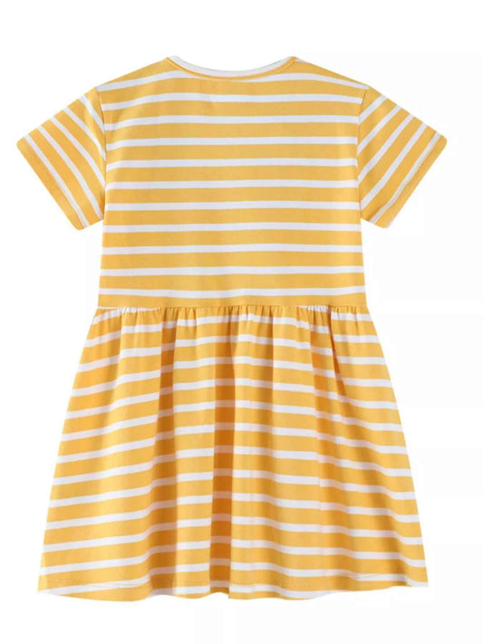 Children's Striped Bunny Embroidered Round Neck Dress