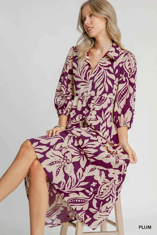 Umgee Floral Print Tiered Midi Dress