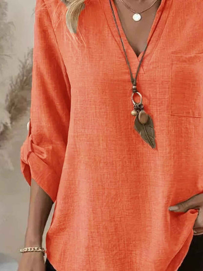 Notched Roll-Up Sleeve Blouse