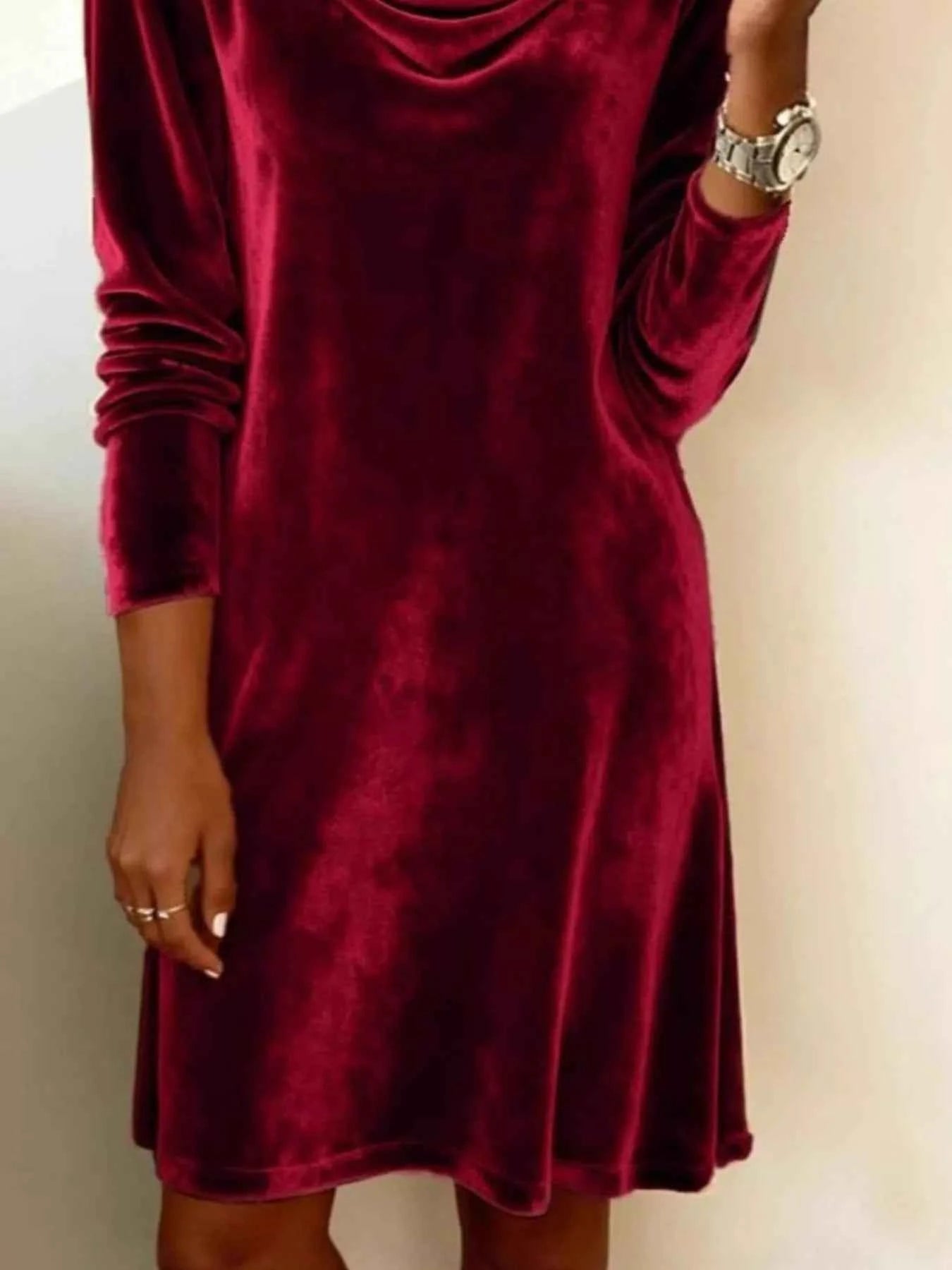 Velvet Cowl Neck Long Sleeve Mini Dress