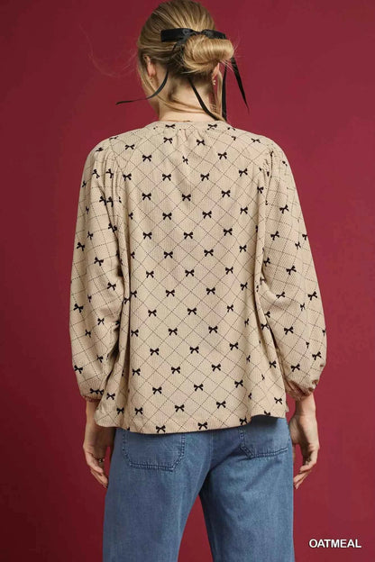 Umgee Corduroy Bow Print Balloon Sleeve Blouse