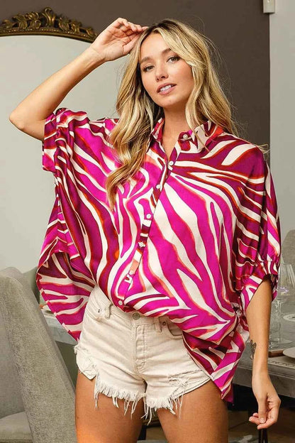 BiBi Zebra Dolman Silky Satin Shirt Top