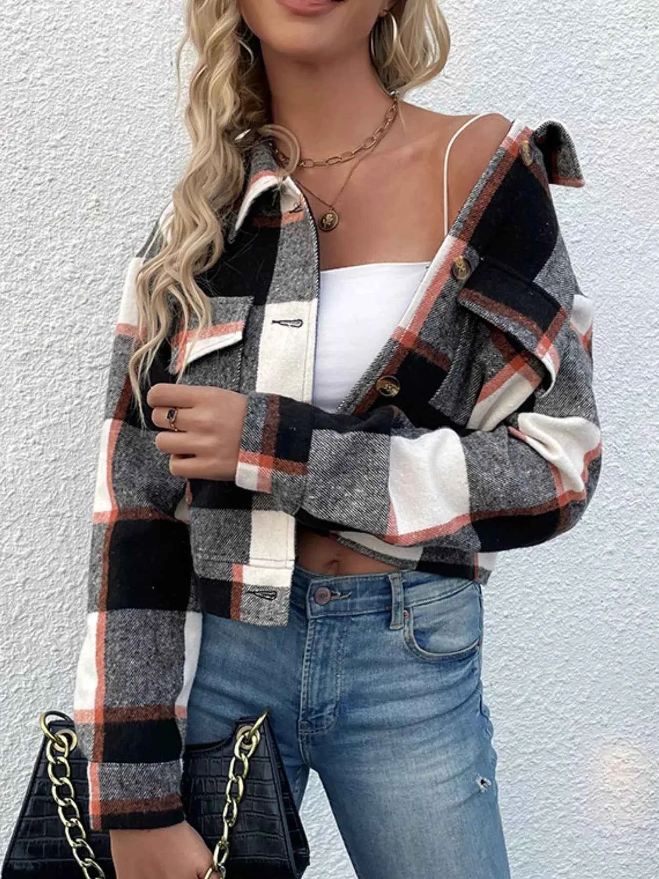 Plaid Button-Down Crop Jacket