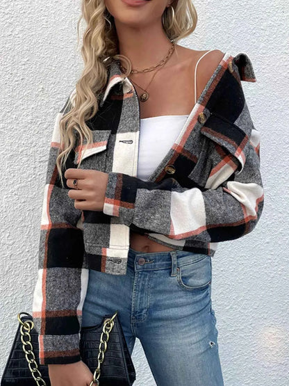 Plaid Button-Down Crop Jacket