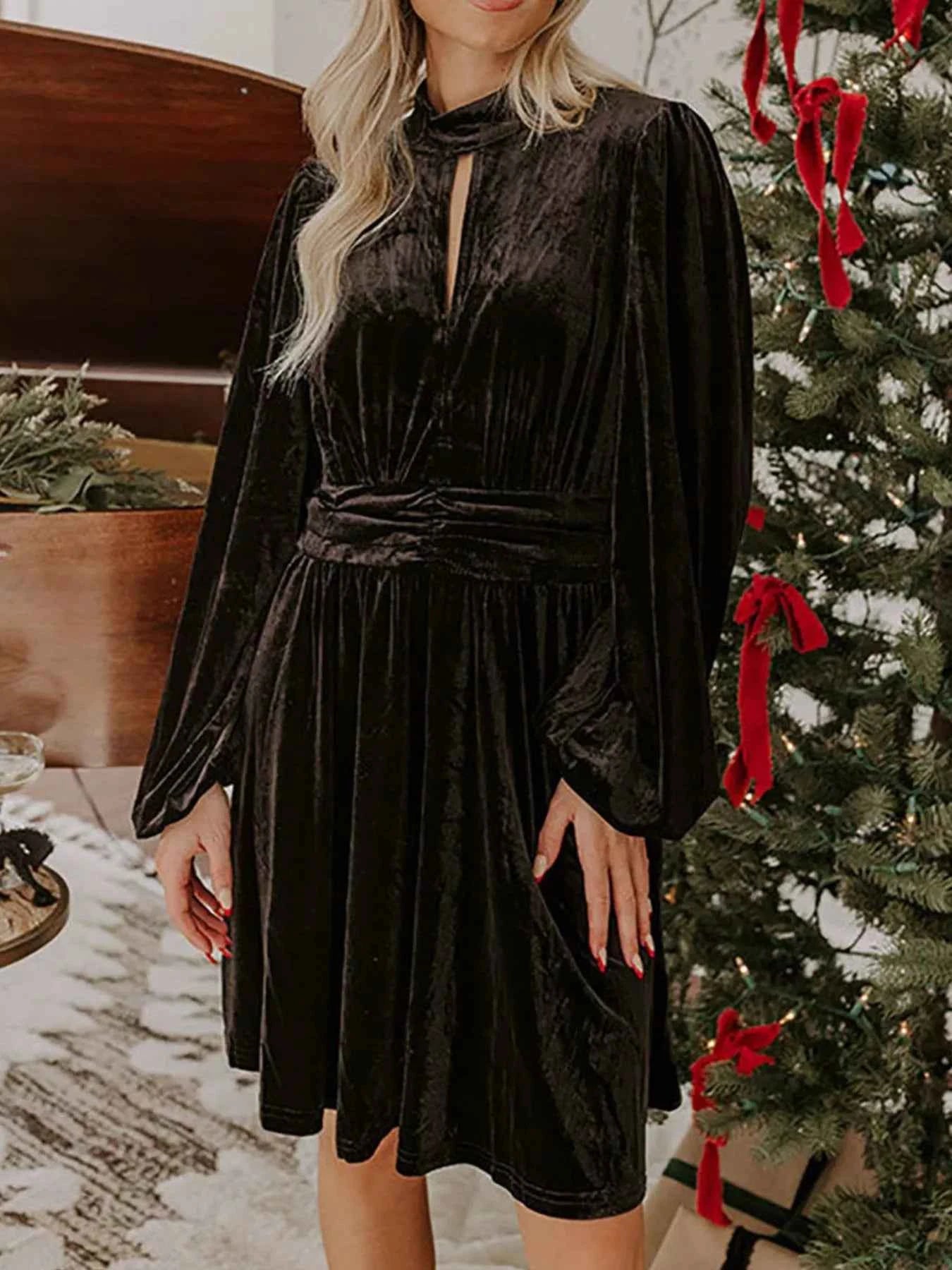 Velvet Mock Neck Balloon Sleeve Dress