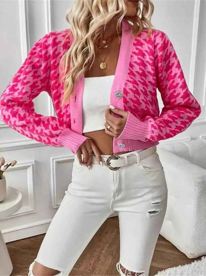 Houndstooth V-Neck Button Up Cardigan