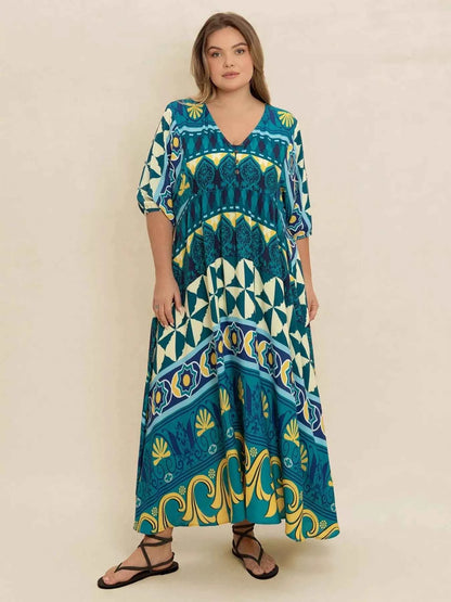 Plus Size Printed V-Neck Half Sleeve Midi Dress