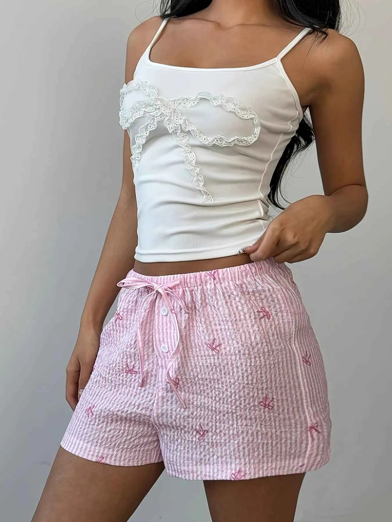 Bow Striped Drawstring Casual Shorts