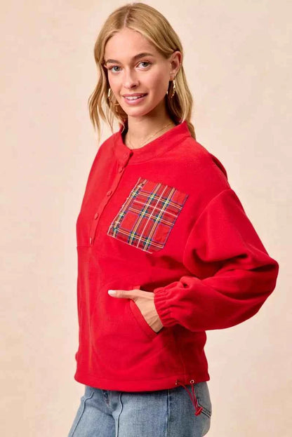 BiBi Christmas Theme Fleece Buttoned Top with Pockets
