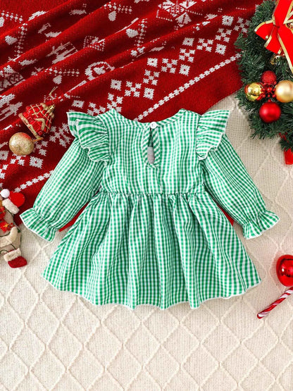 Children's Christmas Santa Embroidered Gingham One-Piece Bodysuit Dress