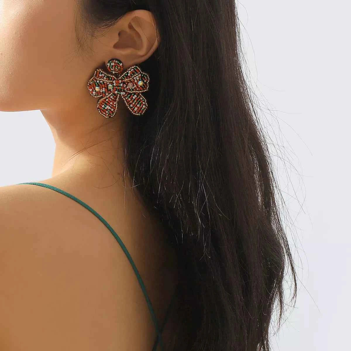 Beaded Bowknot Christmas Earrings