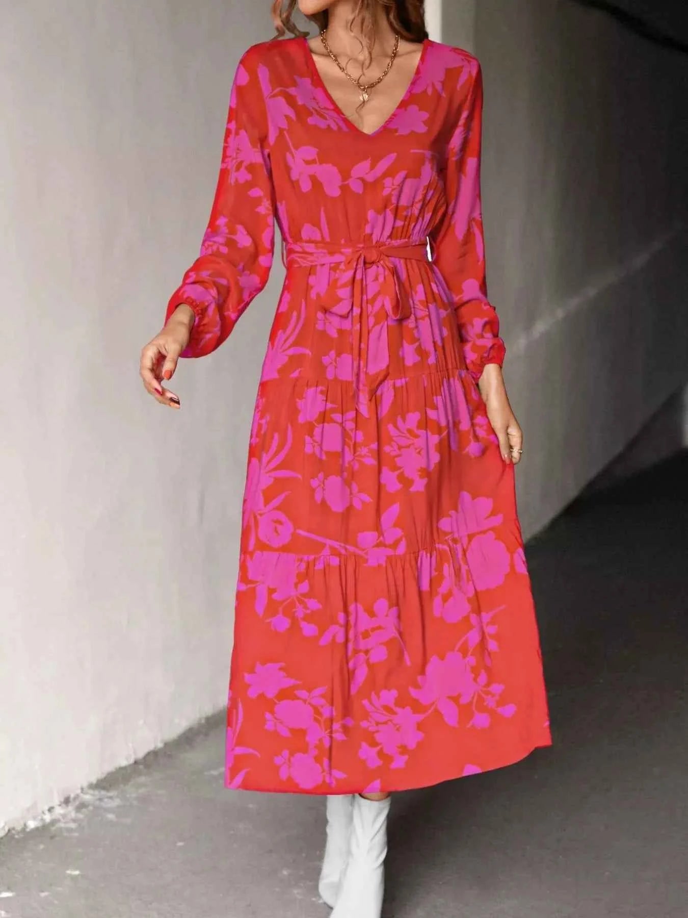 Printed V-Neck Balloon Sleeve Dress