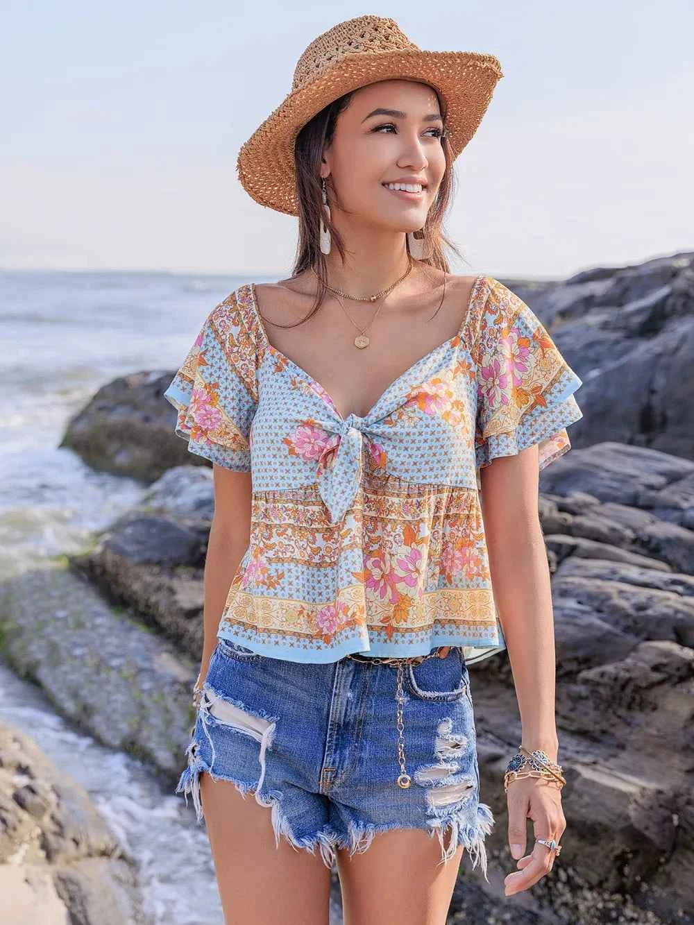 Printed Sweetheart Neck Layered Short Sleeve Blouse